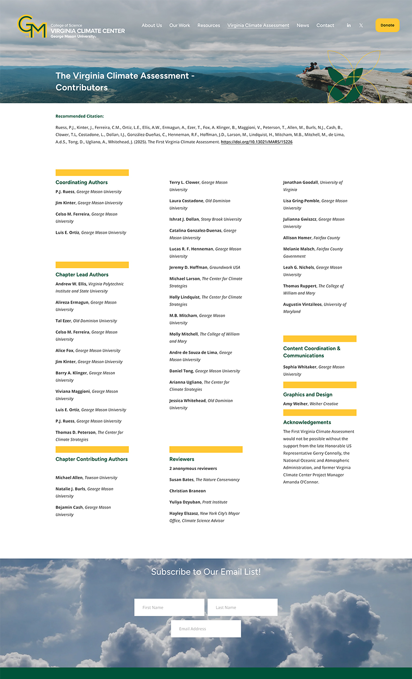 Screenshot of the Virginia Climate Assessment contributors page listing coordinating authors, chapter lead authors, contributing authors, reviewers, and acknowledging Amy Weiher of Weiher Creative for graphics and design