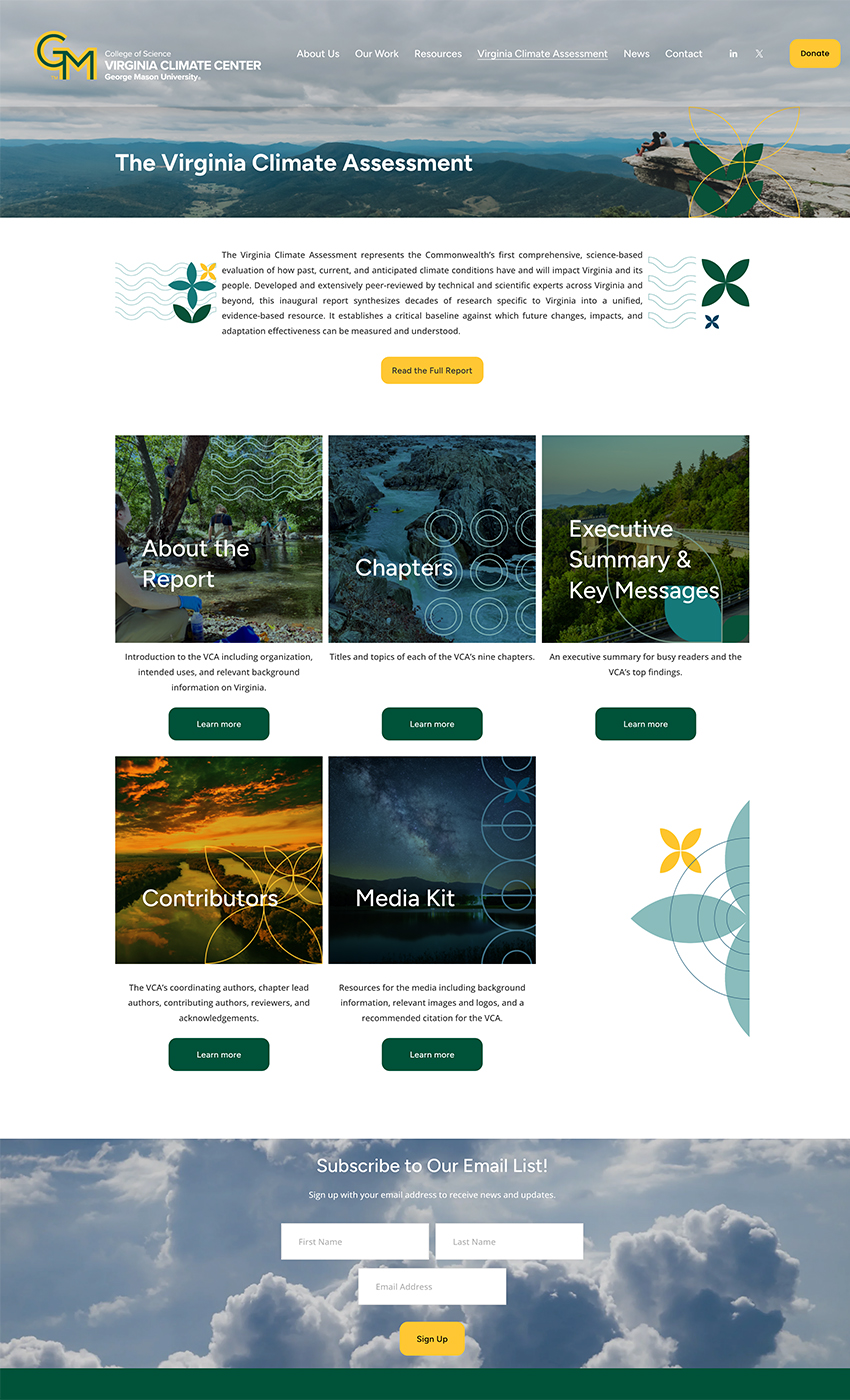 Screenshot of the Virginia Climate Assessment landing page on the Virginia Climate Center website, with navigation tiles linking to About the Report, Chapters, Executive Summary, Contributors, and Media Kit