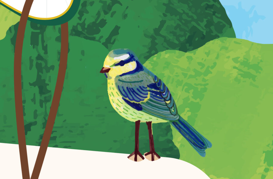 Close-up detail of the Earth Day Wishing Tree illustration showing a blue tit bird perched on a pledge tag hanging from an illustrated tree, from The Landing Renton Earth Day event poster