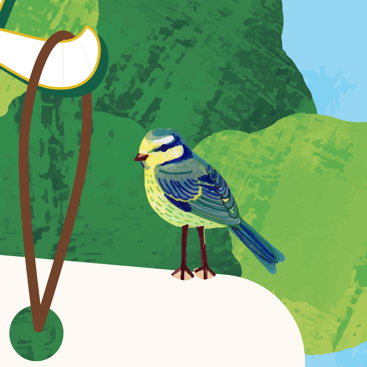 Close-up detail of the Earth Day Wishing Tree illustration showing a blue tit bird perched on a pledge tag hanging from an illustrated tree, from The Landing Renton Earth Day event poster