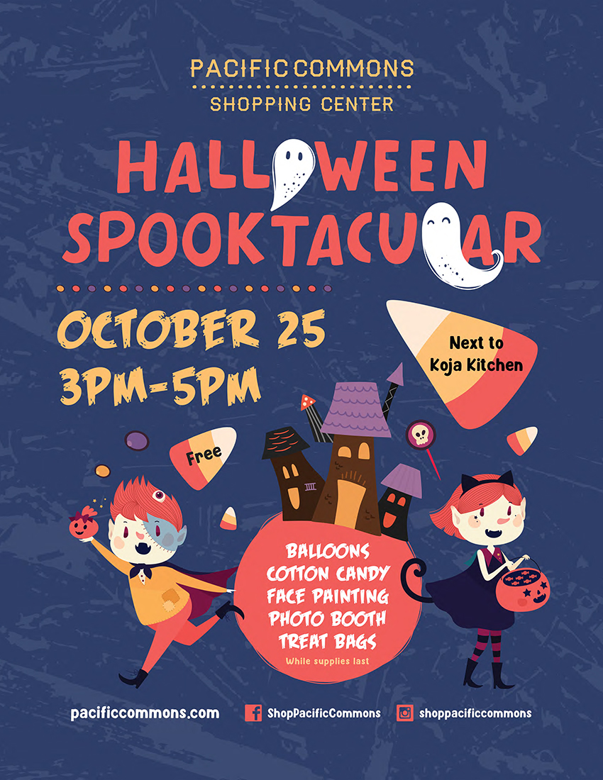 Halloween Spooktacular event poster for Pacific Commons Shopping Center in Fremont, featuring illustrated children in vampire and witch costumes against a dark blue background with a haunted house, candy corn, and ghost, promoting a free October 25 event