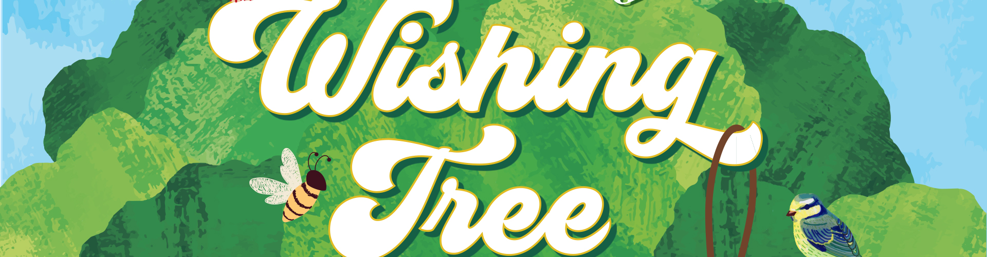 Wide-format banner detail of the Earth Day Wishing Tree poster illustration, showing the lush illustrated tree canopy with a bee and blue tit bird and the decorative 