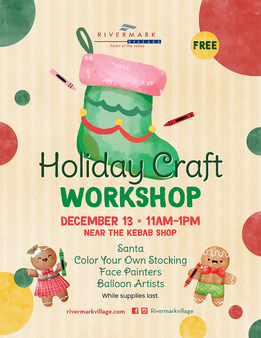 Holiday Craft Workshop event poster for Rivermark Village in Santa Clara, featuring a watercolor illustrated Christmas stocking and gingerbread characters, promoting a free December 13 event with Santa, stocking coloring, face painters, and balloon artists