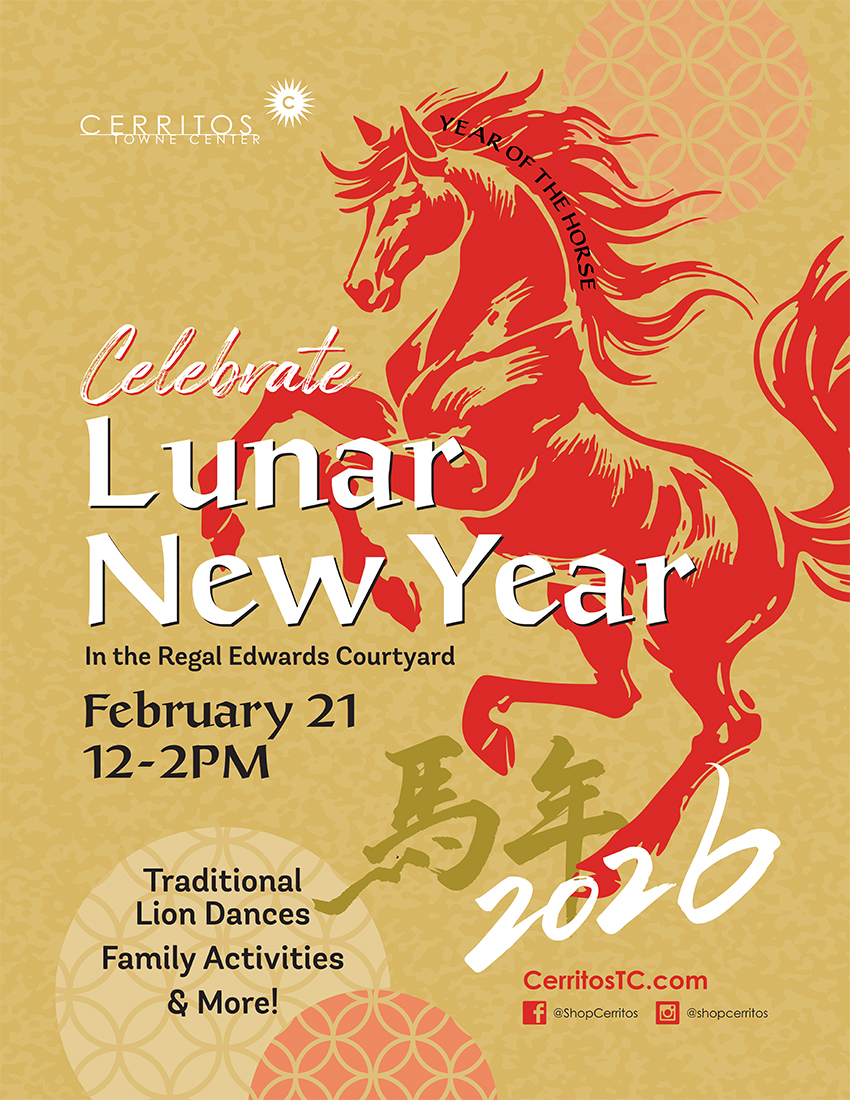Lunar New Year 2026 event poster for Cerritos Towne Center featuring a bold red rearing horse illustration on a gold background for the Year of the Horse, promoting a February 21 celebration with traditional lion dances and family activities