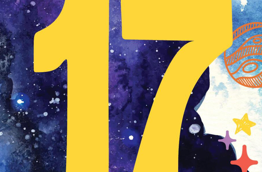 Square crop of the Victory Academy 17th Annual Fundraiser & Auction graphic, featuring a large yellow "17" over a deep blue and purple watercolor galaxy background with colorful star accents.