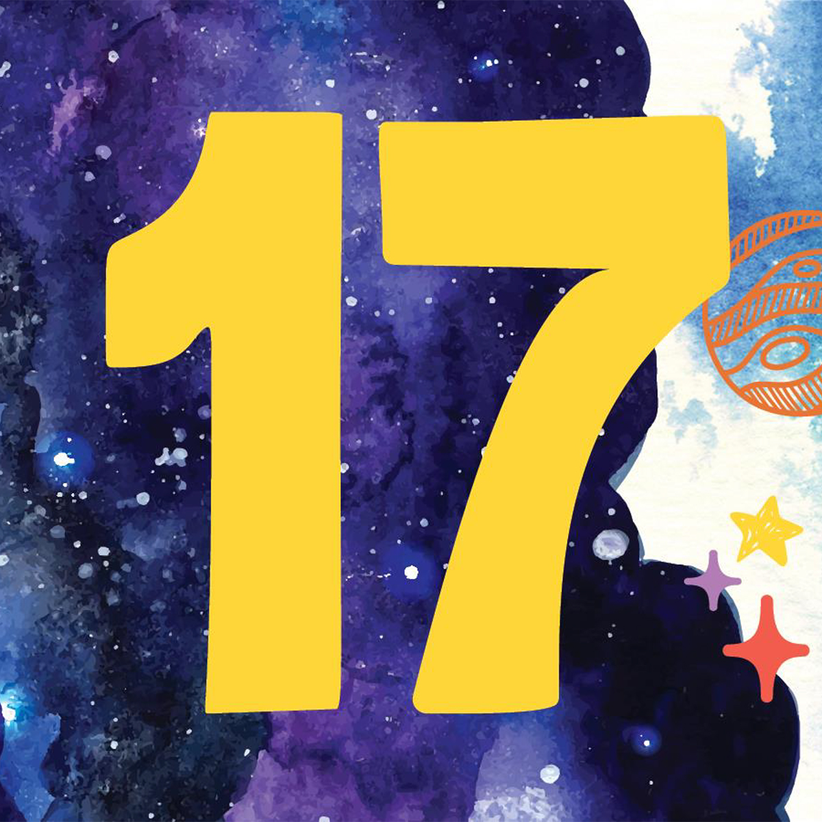 Square crop of the Victory Academy 17th Annual Fundraiser & Auction graphic, featuring a large yellow "17" over a deep blue and purple watercolor galaxy background with colorful star accents.