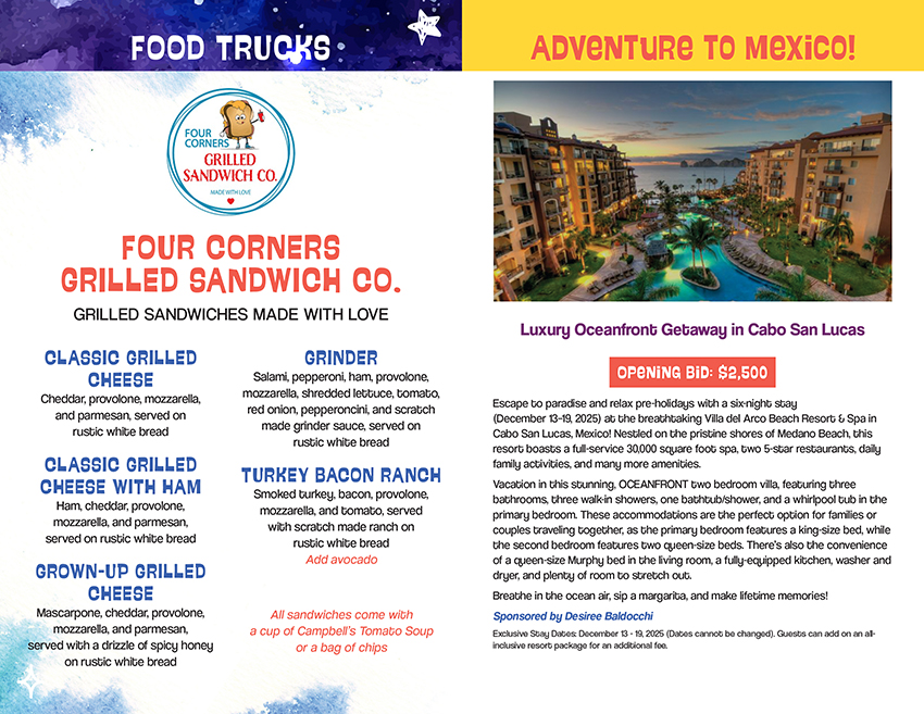 Two-page auction program spread. Left page features the menu for Four Corners Grilled Sandwich Co. food truck. Right page describes a live auction item: a luxury six-night oceanfront stay at Villa del Arco Beach Resort & Spa in Cabo San Lucas, with an opening bid of $2,500.