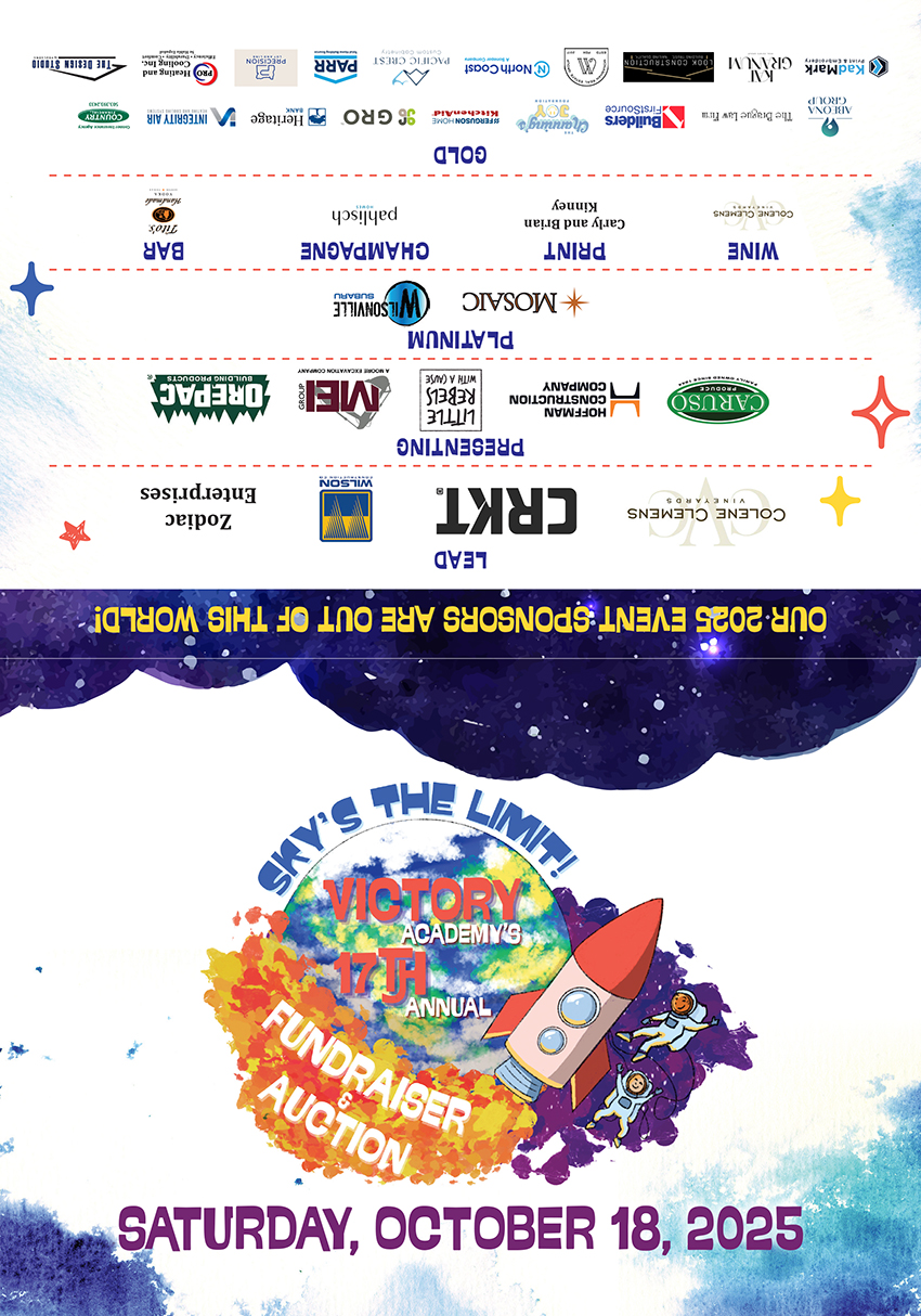 Back panel of the Victory Academy auction invitation, displayed upside-down, listing 2025 event sponsors organized by tier: Lead, Presenting, Platinum, Champagne, Bar, Print, Wine, and Gold. The bottom half shows the event logo — a rocket launching from a colorful painted earth — with the date Saturday, October 18, 2025.