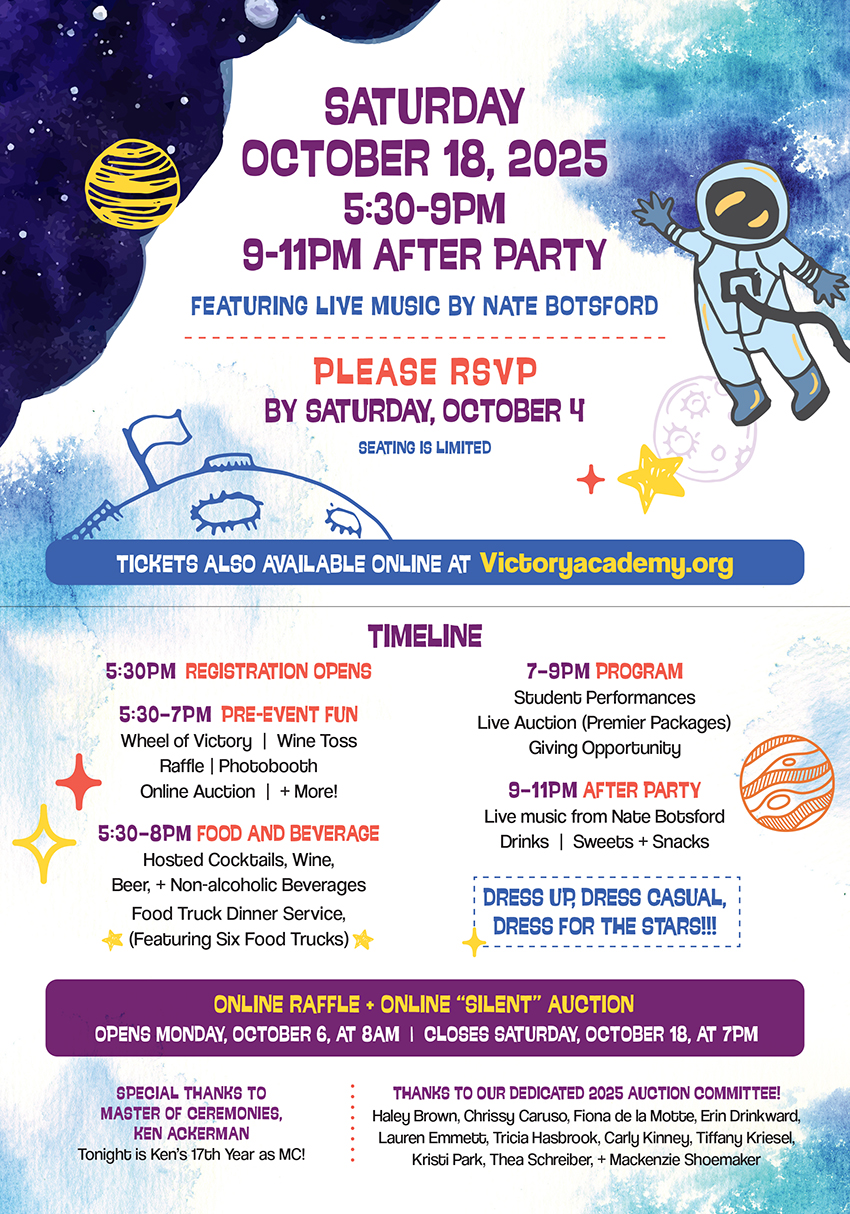Front panel of the Victory Academy auction invitation with event details: Saturday, October 18, 2025, 5:30–9PM with an after party until 11PM. Includes a full evening timeline, dress code note ("Dress for the Stars!"), RSVP deadline, and acknowledgment of the 2025 Auction Committee.