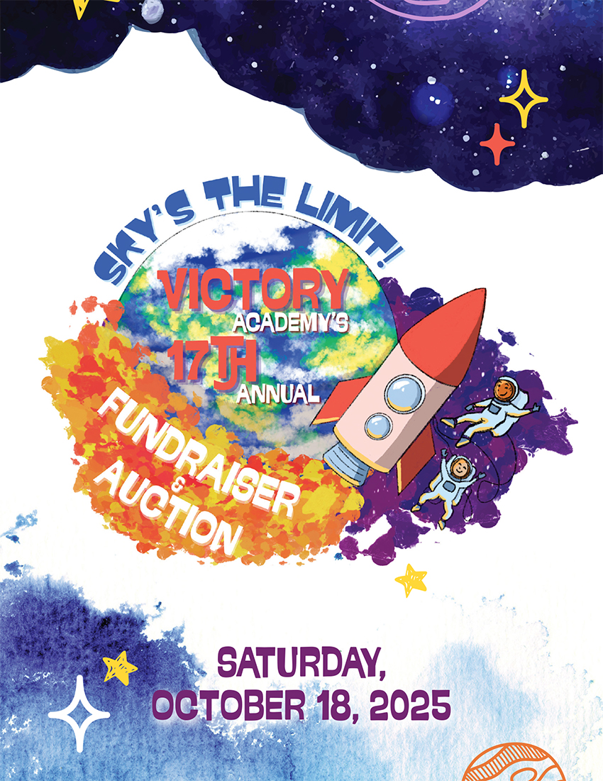 Cover of the Victory Academy 17th Annual Fundraiser & Auction program booklet. Features the event theme "Sky's the Limit!" with a colorful illustrated rocket launching from a paint-splattered earth, two floating astronauts, and the date Saturday, October 18, 2025, against a watercolor sky background.
