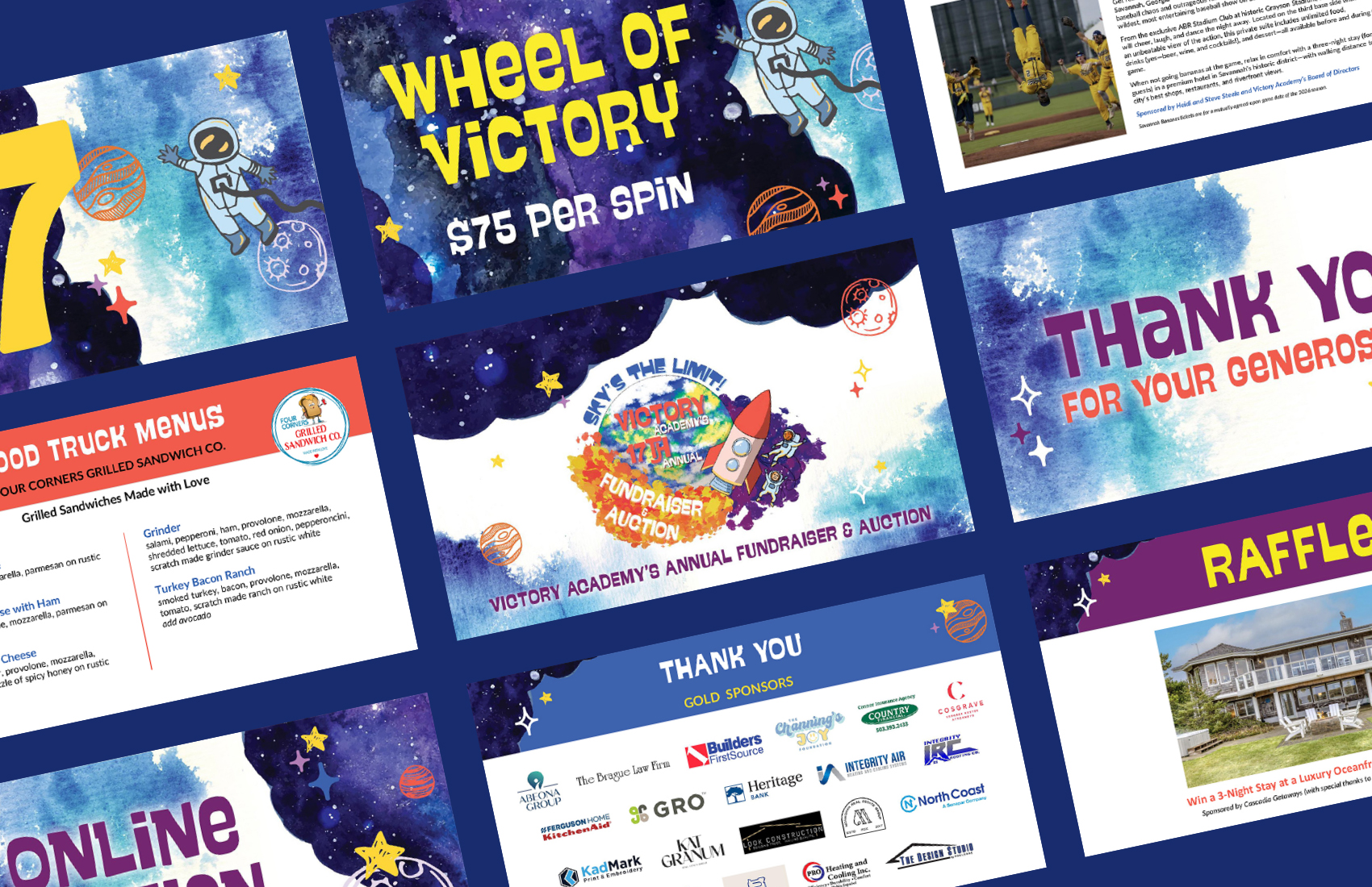 Composite overview of multiple event presentation slides laid out at angles, showing the Wheel of Victory raffle ($75 per spin), food truck menus, sponsor thank-you slides, the event logo, online auction details, and a raffle prize for a luxury oceanfront stay.