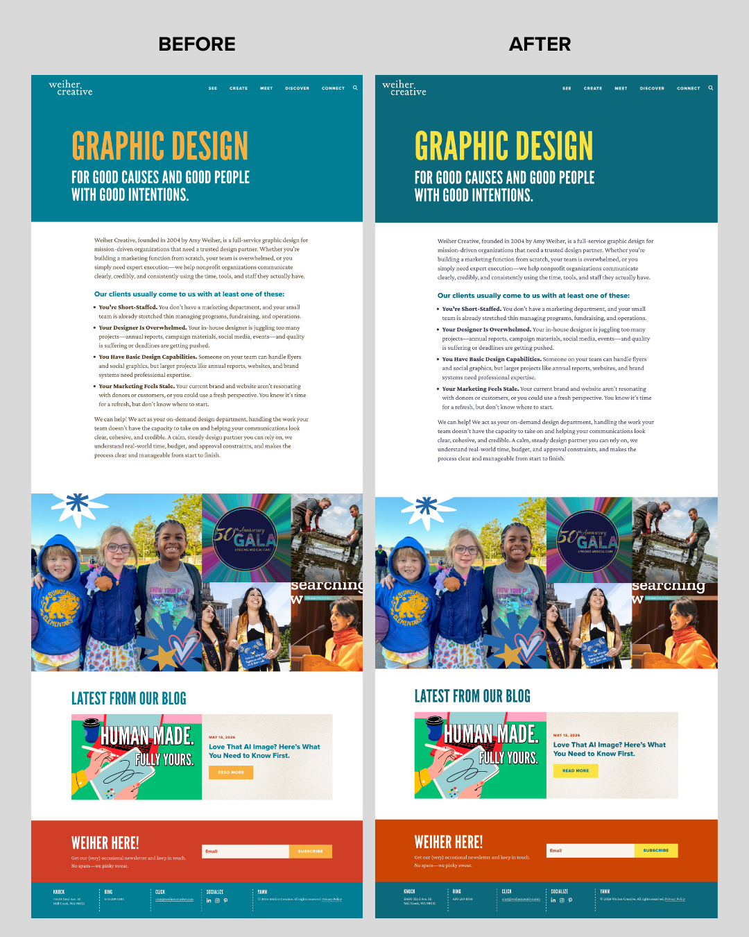 ALT TEXT
Image 1 — Before/After side-by-side (weiher-creative-accessibility-May27-2.png)
"Side-by-side comparison of the Weiher Creative homepage. The left side, labeled 'Before,' shows the original design with a gold heading, lighter teal background, warm gray body text, and red newsletter footer. The right side, labeled 'After,' shows the updated design with a brighter yellow heading, darker teal background, dark blue body text, and darker red-orange newsletter footer.